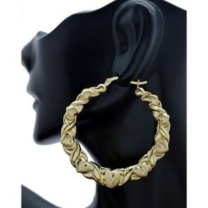 Real 10K Yellow Gold 50.1mm Twisted Heart Diamond Cut 6.6gr Hoop Earrings